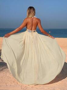 Swim Vcay 春夏新款单件编织米色钩针花朵图案装饰无袖长款优雅度假风女式泳装连衣裙（花朵图案颜色随机） - 杏色 - 查看 3