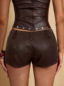 SHEIN BAE Women's Solid Color Casual Shorts - Chocolate Brown - View 2