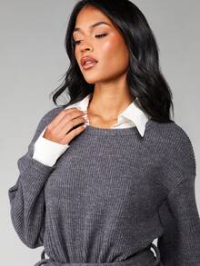 MISSGUIDED 罗纹针织迷你连衣裙，层叠领衬衫细节，长袖系带秋冬套头毛衣裙 - 灰色 - 查看 4