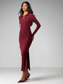 MISSGUIDED Ribbed Knit Collared Lace Up Long Sleeve Maxi Dress Fitted Bodycon Fall Winter Burgundy Dress - Burgundy - View 5