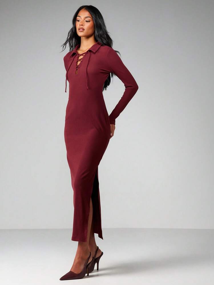 MISSGUIDED Ribbed Knit Collared Lace Up Long Sleeve Maxi Dress Fitted Bodycon Fall Winter Burgundy Dress
