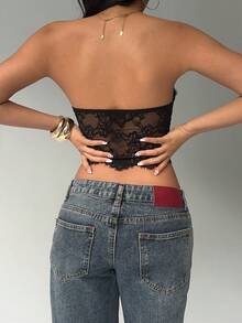 Aloruh Women's Lace Bustier Criss-Cross Strap Sexy Camisole Top,Black Top - Black - View 2