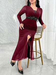 Modelyn Vestido largo elegante de mujer con parches de lentejuelas