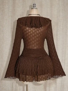 SHEIN ICON 大码女式棕色荷叶边喇叭袖上衣和中长裙时尚套装 - 巧克力棕 - 查看 2