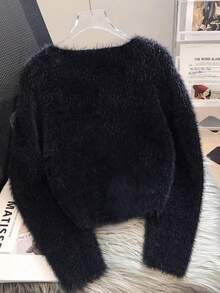 Franclia Precision Love Double Row Hollow Fuzzy Women's Crew Neck Cardigan TL-57 - Black - View 2