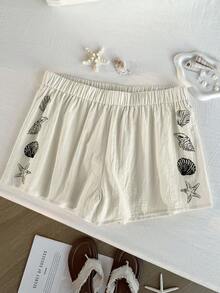 Comfortcana Quần short rộng rãi in họa tiết lưng thun cỡ lớn, mùa xuân/hè - Màu be - Xem 8