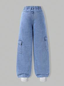 SHEIN ChillGRL Quần denim liền thân có túi và họa tiết thỏ dành cho bé gái tuổi teen, quần dài thường ngày phong cách đường phố cổ điển, dáng rộng thoải mái, cạp chun co giãn thoải mái, thích hợp mặc hàng ngày, đi học, đi nghỉ, đi chơi - Rửa trung bình - Xem 2