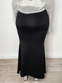 Truni Plus Size Solid Color Maxi Mermaid Skirt - Black - View 2