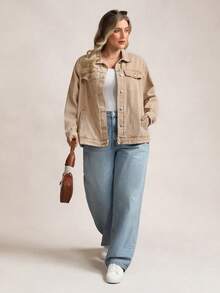 Zelara Áo khoác denim rách giặt thường ngày cỡ lớn - Màu be - Xem 6