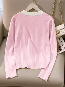 SHEIN LUNE New Slim Fit Stylish Color Block V-Neck Cardigan For Women, Chic & Versatile, Spring/Autumn - Dusty Pink - View 2