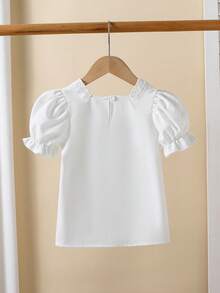Spring/Summer New Girls Hollow Lace Trim Blouse, White Square Collar Puff Sleeve Baby Short Sleeve Fashionable Little Girl Princess Style Shirt, Children Sweet Loose T-Shirt, Cute - White - View 2