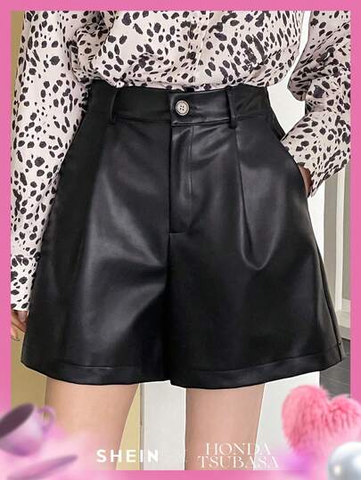 DAZY レディース PU革 ポケット ワイドレッグ ルーズ ファッションショーツ 夏,半ズボン短パン，ショートパンツ