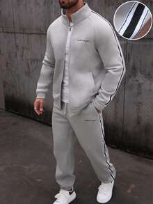Manfinity Homme Men's Minimalist Chicago Letter Print Side Tape Zipper Sweatshirt Set, For Winter Knitted Set Grey And White Set Tracksuit Set Men Jogging Suits Men 2 Pieces Sweat Suit - Grey - View 1