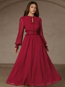 BELROSIE Wine Red Elegant Vintage Polka Dot Random Print Drawstring Waist Frill Trim Long Sleeve Dress - Multicolor - View 1