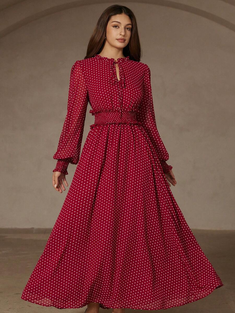 BELROSIE Wine Red Elegant Vintage Polka Dot Random Print Drawstring Waist Frill Trim Long Sleeve Dress - Multicolor - View 1