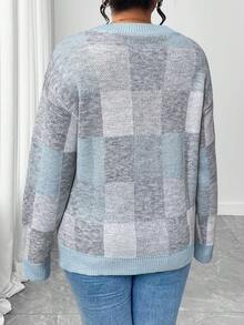 EMERY ROSE Plus Size Elegant Color Block Plaid Crew Neck Long Sleeve Sweater - Blue - View 2