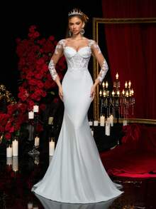 Glamrae Robe de mariée élégante et luxueuse avec patchwork de dentelle brodée de sequins, manches longues, taille ornée de perles, dos transparent avec nœud, ourlet asymétrique et très longue traîne