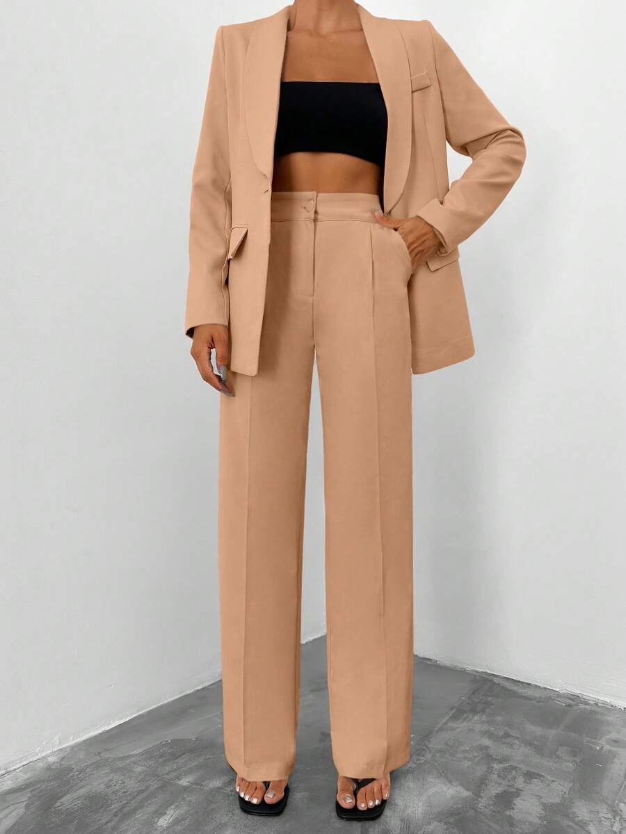 EURMUSE Women's Solid Color Shawl Collar Long Sleeve Jacket And Pants Casual Commuter Suit Set - Krem - View 1