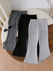 SHEIN Genkimix Kids 3件套女童基础款黑色、深灰色和浅灰色碎花高腰喇叭裤，适合春、秋、冬季日常穿着。女童喇叭裤/打底裤 - 彩色 - 查看 2