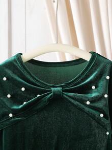 女童优雅复古酒红色长袖连衣裙，饰有蝴蝶结和珍珠，圆领，收腰设计，适合圣诞节、万圣节、生日、春秋季穿着。 - 綠色 - 查看 4