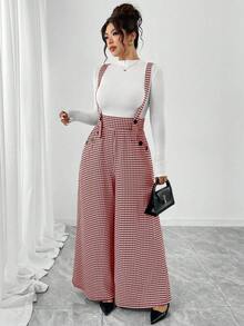 Elenzga 大码千鸟格印花针织面料双排扣长裤，配有真正开口口袋，高腰喇叭裤腿连体裤，优雅百搭，适合外出、约会、聚会等场合，也可作为休闲通勤背带裤穿着。 - 酒紅色 - 查看 6