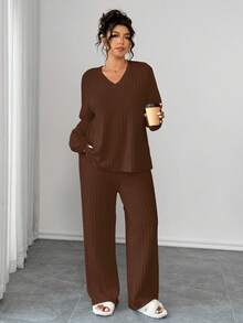 EMERY ROSE Conjunto de 2 piezas talla grande para mujer, blusa de manga larga con cuello en V holgada y pantalón recto, de tela cálida y texturizada, cómodo para uso casual tanto en interiores como exteriores, conjunto de 2 piezas talla grande unisex - Marrón Mocha - Ver 6