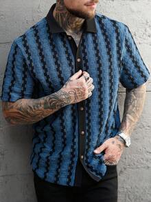 Manfinity CasualCool 男士休闲撞色条纹短袖衬衫，夏季男士钩针衬衫蓝色纽扣衬衫，男士短袖纽扣衬衫，男士复古衬衫 - 藍色 - 查看 5
