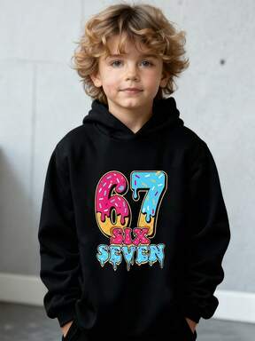 Tween Boy Graffiti Number 67 Pattern Casual Comfortable Black Long Sleeve Warm Hoodie Sweatshirt, Suitable For Daily Wear, Outings, School, Autumn/Winter