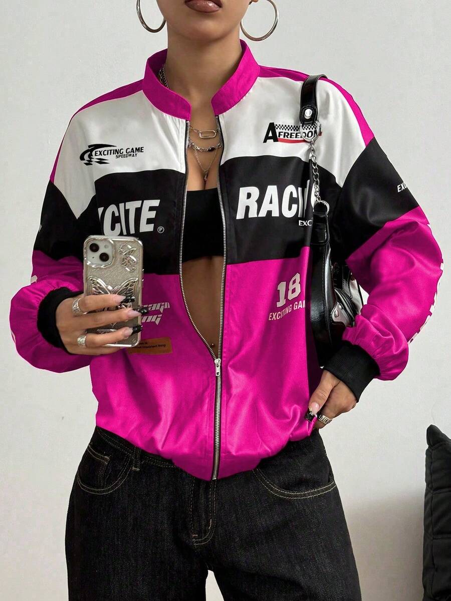 SHEIN PETITE Letter Print Contrast Color Drop Shoulder Bomber Jacket For New Year Clothes Fall Winter Cloth For Women - Hot Pink - View 1