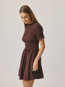 Aralina Women's Casual Solid Color Short Sleeve Ruched Front Dress - Brown - View 3
