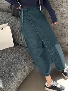 DAZY 女士休闲水洗抽绳裹身牛仔A字裙，返校季牛仔裙 - 中等水洗藍 - 查看 5