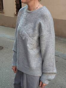 Vivie Lora Women's Loose 3D Floral Decor Sweater - Light Grey - View 6