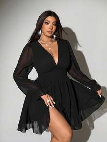Viva Relle Plus-Size Women's New Year Deep V-Neck A-Line Chiffon Party Dress Fall - Black - View 5