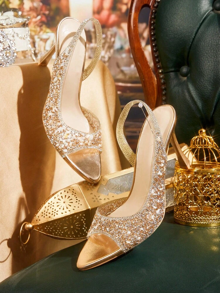 CUCCOO TILAWA Women's Crystal-Embellished Elegant Stiletto Party Shoes, Pointed Toe High Heels Glass Cup Heel Mid Heel Gold Ladies High Heel Sandals With Transparent PVC Glitter Spring Shoes Spring Break Easter Prom Heels For Christmas