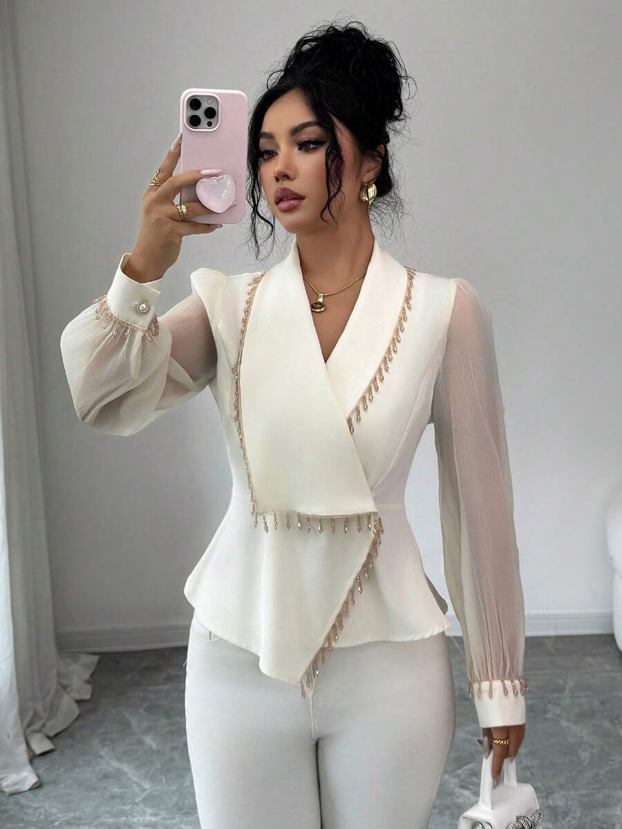 SHEIN Elenzya Élégante blouse pour femme à la taille cintrée avec décoration de strass pour soirée