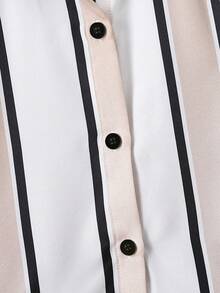 SHEIN Young Boy Color Block Striped Print Short Sleeve Shirt And Shorts Set, School, Campus, College Summer Holiday - Khaki - View 5