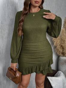 EMERY ROSE Plus Size Women Crew Neck Waist Cinched Textured Knit Dress - Army Green - View 3