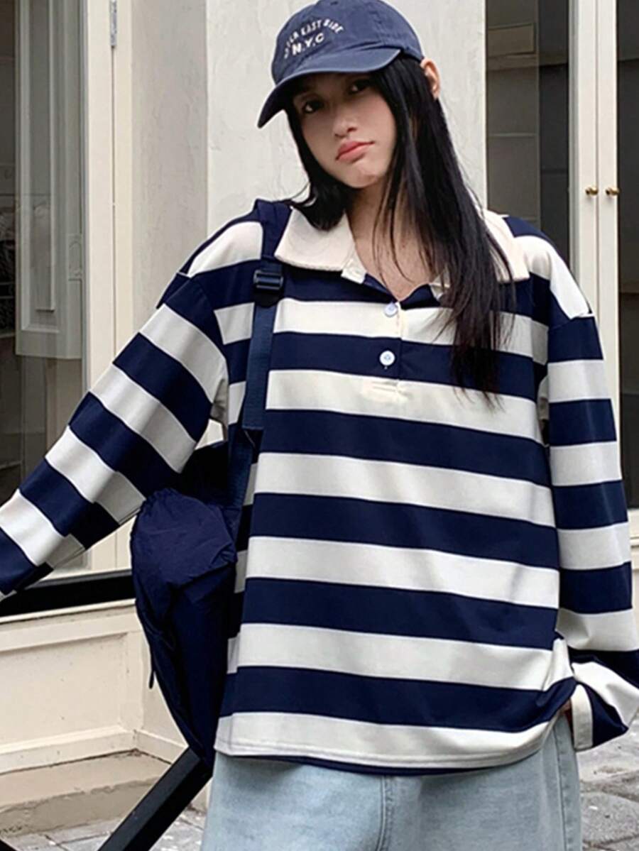 K-Vae 女士 Polo 领条纹卫衣，海军蓝白条纹宽松休闲卫衣 - 杏色 - 查看 1