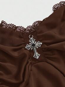 ROMWE Spring/Summer Vintage Gothic Metal Chain Detachable Cinched Waist Asymmetrical Hem Layered Women Dress - Dark Brown - View 3