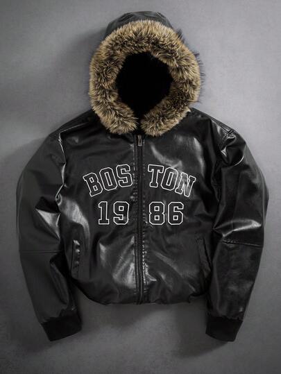 PAVTROS Plus Size Men's Street Style PU Embroidered Fleece Hoodie Jacket Fur Hoodie Men Letter Men Jacket Mens Plus Fur Men Jackets Zip Up Motorcycle Jacket