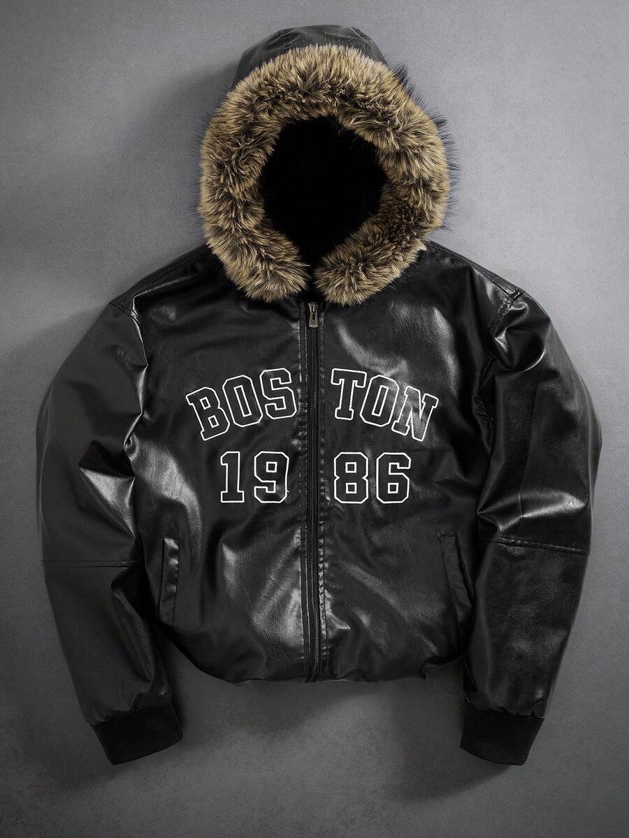 PAVTROS Plus Size Men's Street Style PU Embroidered Fleece Hoodie Jacket Fur Hoodie Men Letter Men Jacket Mens Plus Fur Men Jackets Zip Up Motorcycle Jacket - Black - View 1