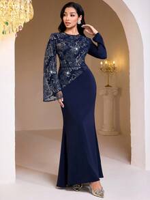 Veilorie Váy tay loe thêu hoa cho nữ, viền đuôi cá, thanh lịch - Màu xanh hải quân - Xem 5