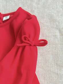 PrepCrw Rochie de fete tinere, stil preppy, cu guler rotund, mâneci bufante, decorată cu funde, mâneci lungi - roșu - Vizualizare 5