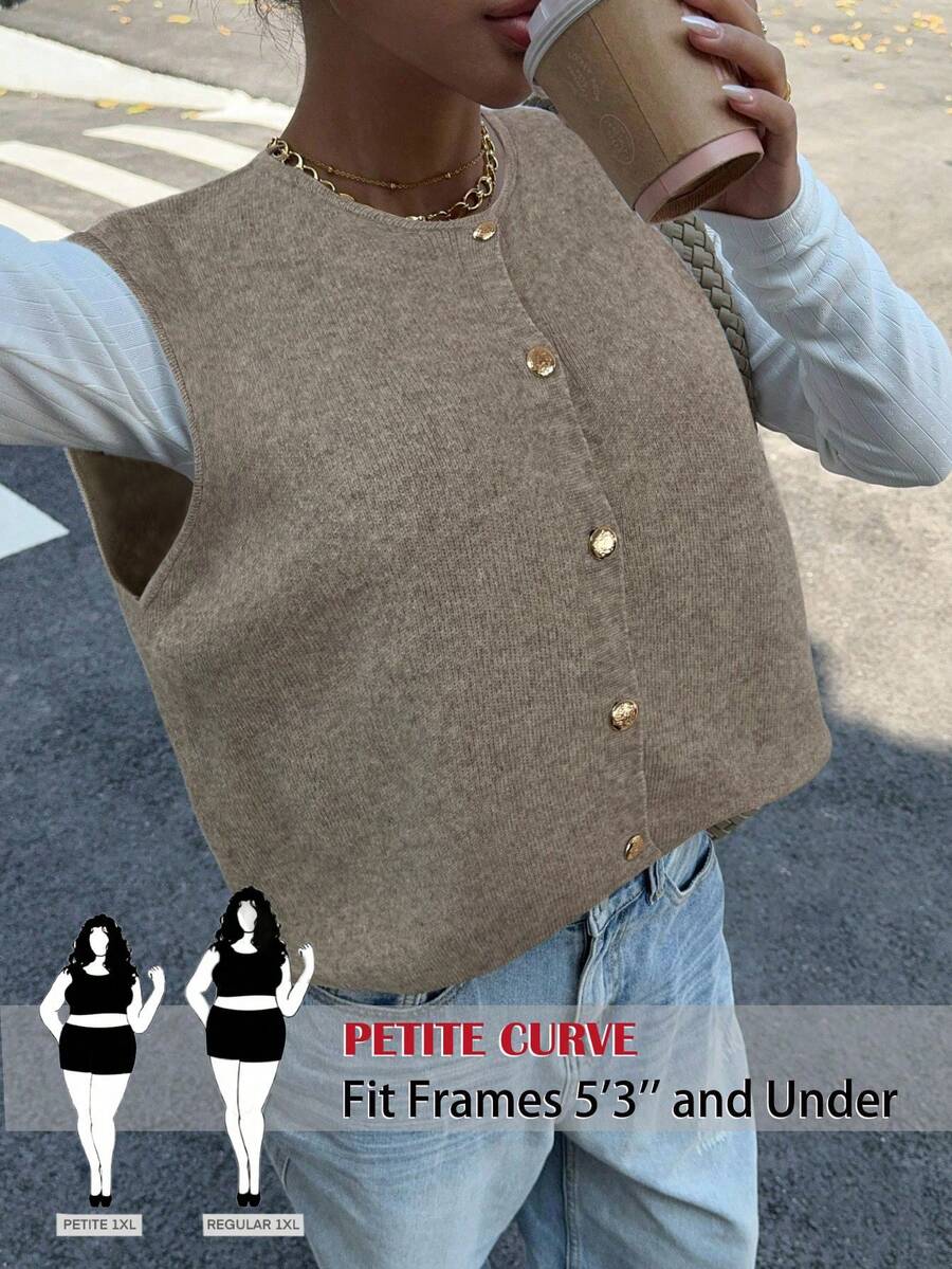 SHEIN PETITE CURVE Áo len chui đầu màu trơn thường ngày cỡ lớn cho nữ - Màu Khaki - Xem 1