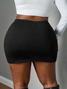 SHEIN PETITE CURVE 大码时尚百搭纯色修身半身裙 - 黑色 - 查看 3