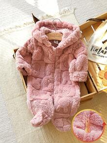 SHEIN Vintaside Kids Newborn Simple Stylish Cute Polka Dot Long Sleeve Hooded Fleece Romper Pajamas - Pink - View 4
