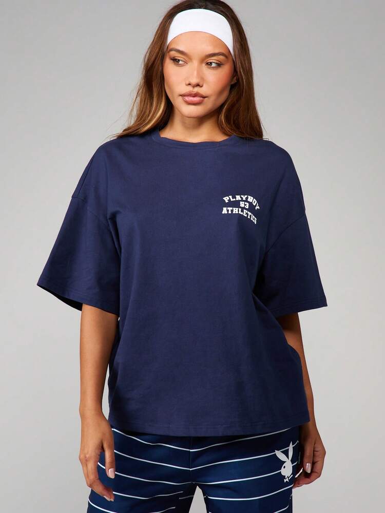 Missguided x Playboy Oversized Navy Short Sleeve Crew Neck Graphic Tee With Athletic Chest Print Logo Design Casual Streetwear