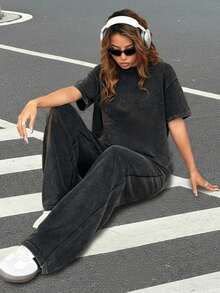 Muchica Autumn Winter Casual Crew Neck Short Sleeve Straight Leg Pants Distressed Wash Loose Outfit - Black - View 4