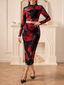 Amorya مجموعة نسائية أنيقة من قطعتين مطبوعة بالورود والشبك المنسوج المرن طويل الأكمام قصير، أنيق للارتداء اليومي، المواعيد، عيد الحب، ملابس خريف/شتاء رأس السنة الجديدة، تنورة متوسطة الطول - متعدد الألوان - مشاهدة 4