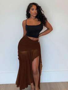 Alexandranx 女士纯色褶皱网眼侧开衩 A 字裙 - 咖啡棕 - 查看 1